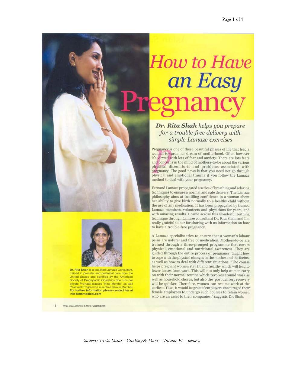 How to have an easy pregnancy (Tarla Dalal – Cooking & More Magazine – Vol Vi – Issue 5 – Feb 2009)